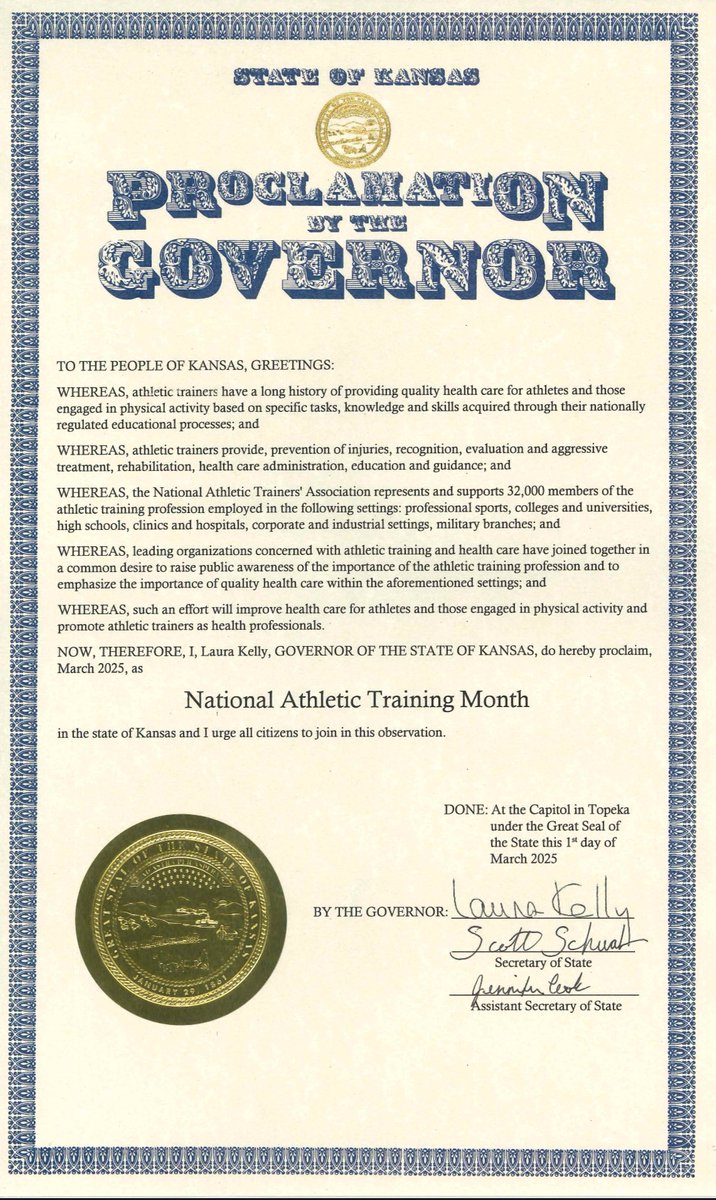 The Governor of the great state of Kansas has proclaimed March National Athletic Training Month! Go forth and be Champions in Healthcare. #NATM2025 

Happy NATM 2025 Athletic Trainers 🥳