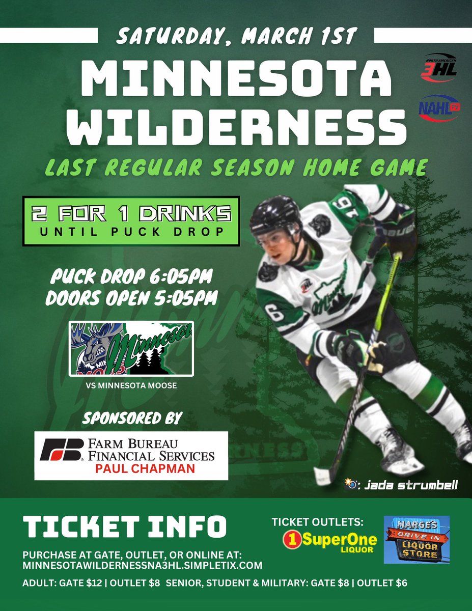 GAMEDAY 🔥 Come out to the Hippodrome for our last regular season home game tonight!! The Wilderness battle the Minnesota Moose. Puck drop 6:05PM, doors open 5:05PM.

Drinks are 2 for 1 before puck drop! 🍻

Game sponsored by Farm Bureau Financial Services: Paul Chapman