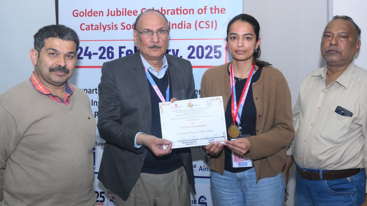 It gives us immense pleasure to congratulate Ms. Komalpreet Kaur for bagging the best oral presentation award at the recently concluded 24th National Symposium on Catalysis - CSCME-2025 held at Thapar University, Patiala.