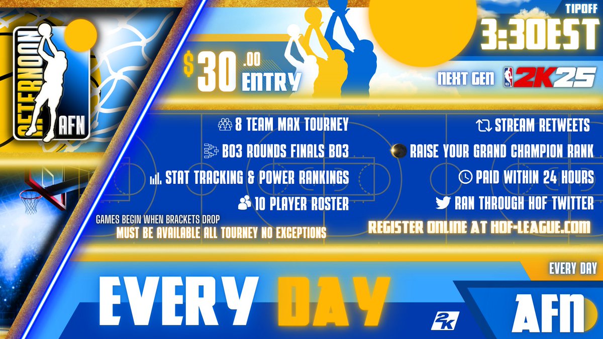 HOF League (@hofleague2k) on Twitter photo ☀AFN registration is live!
💰$30 Team Entry
🚨 Sign-ups are due by 4:50 PM EST
🏀Brackets drop at 5:00 PM EST
🔘Rounds BO3 through finals/20 min grace period
▶️ Register: hof-league.com/register-afn/
<a href="/DangerrFT/">Over-Night Danger 💫</a> <a href="/DirtyGraphics/">DirtyGraphics</a> <a href="/iNetworkSports/">iNetwork</a> #AFN ☀AFN registration is live!
💰$30 Team Entry
🚨 Sign-ups are due by 4:50 PM EST
🏀Brackets drop at 5:00 PM EST
🔘Rounds BO3 through finals/20 min grace period
▶️ Register: hof-league.com/register-afn/
<a href="/DangerrFT/">Over-Night Danger 💫</a> <a href="/DirtyGraphics/">DirtyGraphics</a> <a href="/iNetworkSports/">iNetwork</a> #AFN