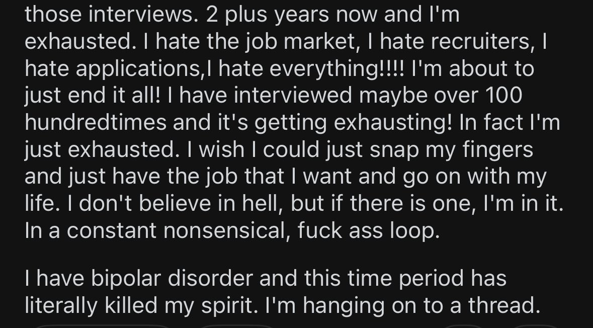 realteaemoji's tweet photo. maybe I'm just not on that side of twitter but as someone who's on the job hunt for the 2nd time in as many yrs, I'm seeing a lot of despair and desperation on job seeking-related forums that not many people here seem to be talking about. People want to kill themselves over this https://t.co/gicJe0VBnD