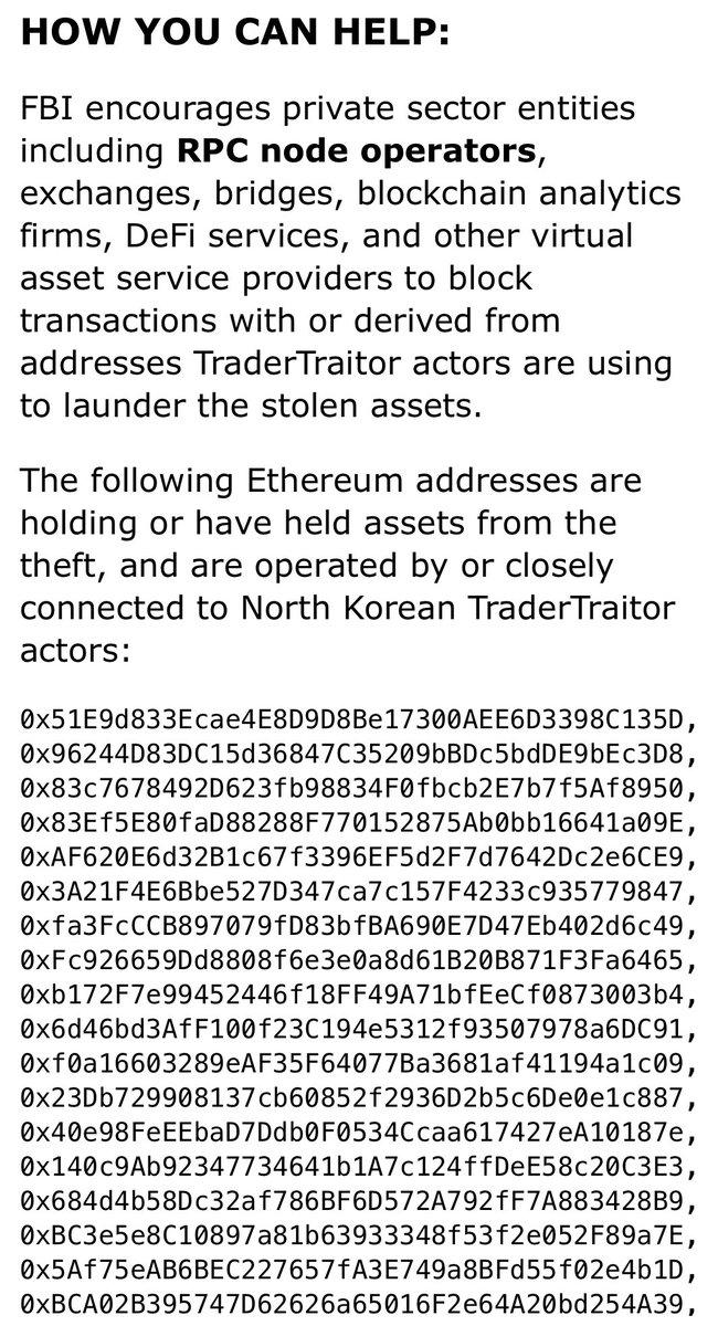 North Korean cyber actors have stolen approximately $1.5 billion in Ethereum from Bybit, a cryptocurrency exchange, and are rapidly converting the stolen assets and dispersing them across thousands of addresses on multiple blockchains. 

The FBI is urging urging RPC node