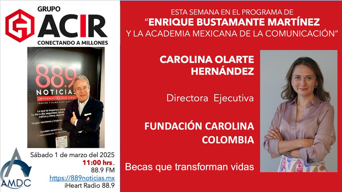 RedCarolinaCol's tweet image. 🎙️ Hoy en #MiProgramaDeRadio de @EnriqueB01, Carolina Olarte, directora de FCC, hablará sobre cómo las becas de @Red_Carolina transforma vidas y su impacto en Colombia

📅 Escucha la entrevista a las 12:00 hrs (Colombia) en 889noticias.mx y iHeart Radio 889