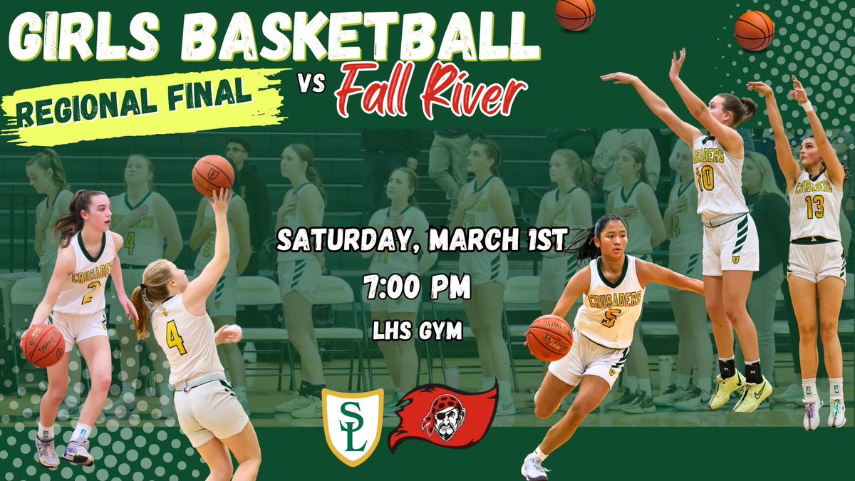 IT’S MARCH, IT’S GAMEDAY... IT’S A REGIONAL FINAL!!🏀🏀 Let's pack the gym!!

Lady Crusaders vs Fall River
7:00 pm

*Big East passes will not be allowed for WIAA playoff games

Let's go 'Saders - one game at a time!💚💛

#wisgb