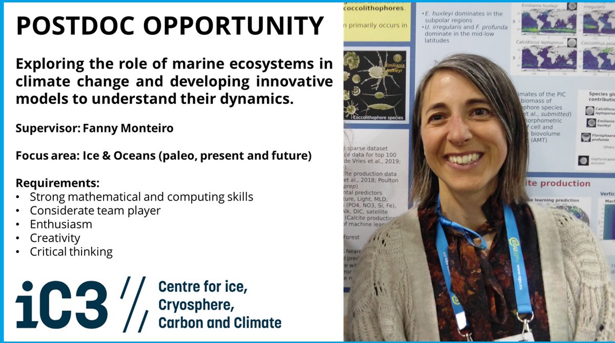 PLEASE SHARE 

#Postdoc opportunity: Modeling the role of marine ecosystems in climate change

Fanny Monteiro: "My research focuses on marine plankton and their roles in the carbon, nutrient and oxygen cycles."

ic3.uit.no/news/fanny-mon… 
#MSCA #plankton #ecology #SouthernOcean