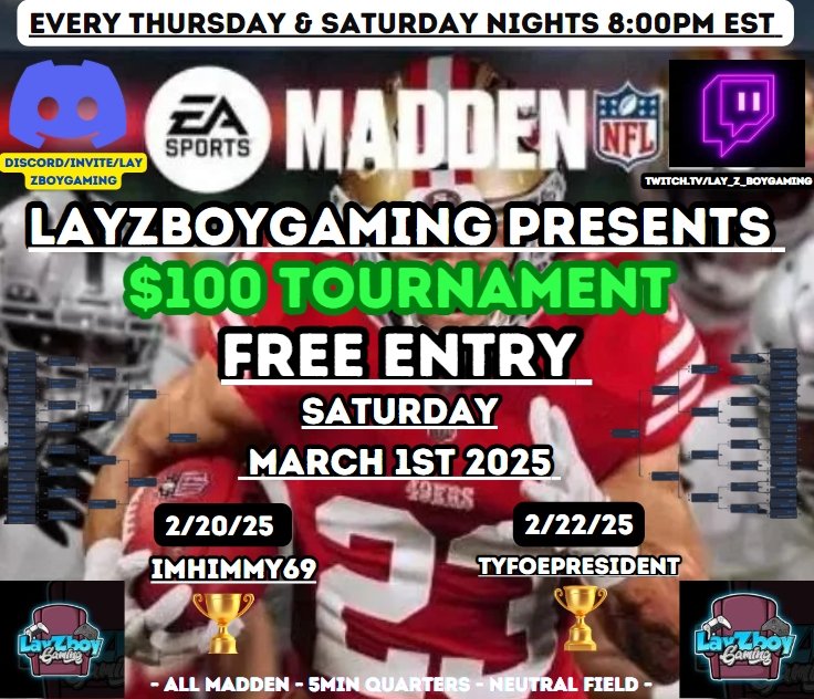 FREE ENTRY 100$ Madden (regs) tournament Saturday 3/1/25 8:30pm EST.