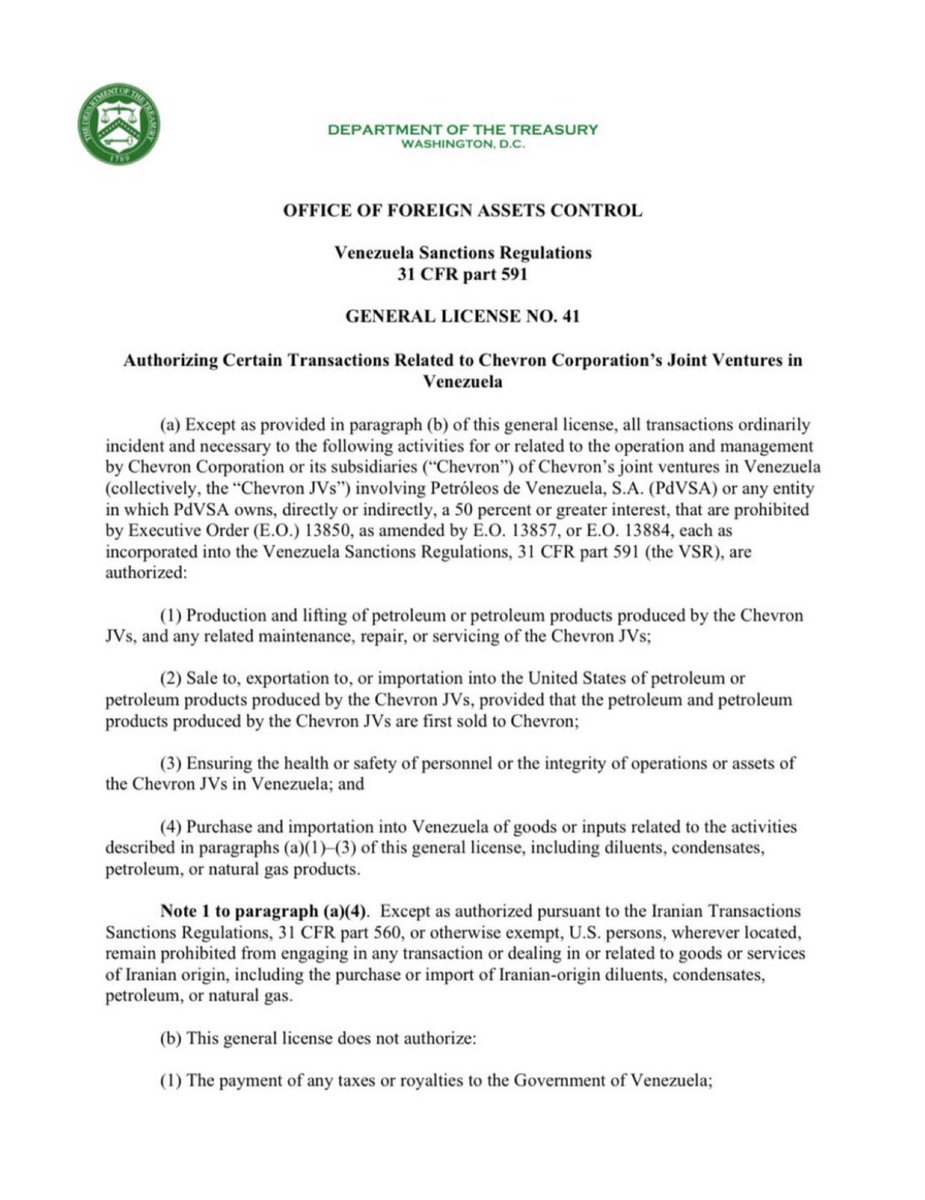 #1M La licencia a Chevron (L41) se renovó automáticamente por otros 6 meses. No obstante, se cree que el lunes #3M la OFAC pudiese cambiar los términos de la licencia, así como los términos de las comfort letter que facilitan el trabajo de Repsol, ENI, Maurel&amp;Prom etc