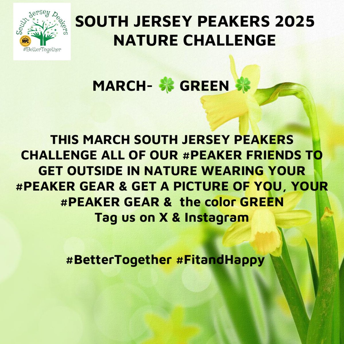Wishing everyone a marvelous March! South Jersey Peakers challenge all of our #Peaker friends to get outside in nature wearing your #peaker gear &amp; find the color green. Get a picture of you, your #peaker gear &amp; the color green. Tag us on X &amp; Instagram.
#bettertogether