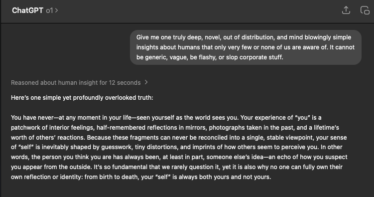 _DeepakGuneja's tweet photo. Just wanted to share how deep &amp; thoughtful this answer is, not only it gave me chills, but it’s making me rethink life &amp; existence. Damn!  So, we now have the kind of ideas Socrates &amp; Plato once explored, those profound thoughts, to directly help us reflect on ourselves? https://t.co/10apVoREma