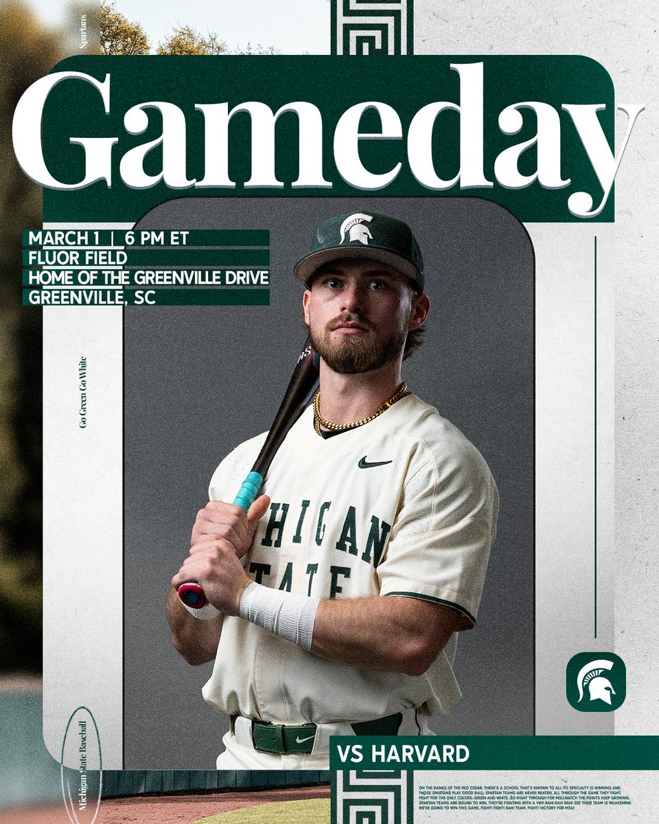 It's a Saturday Spartan GAMEDAY...at Night!!

Today is 3-1 so our own 3-1 Caleb Berry is leading us into action vs Harvard tonight!

🆚Harvard
📍Fluor Field | Greenville, SC
🕕 6 pm
💻 sprtns.co/3EZDTaf (ESPN+)
🔢 sprtns.co/41mwY2n

#GoGreen | <a href="/BerryHalls87/">Berry</a>