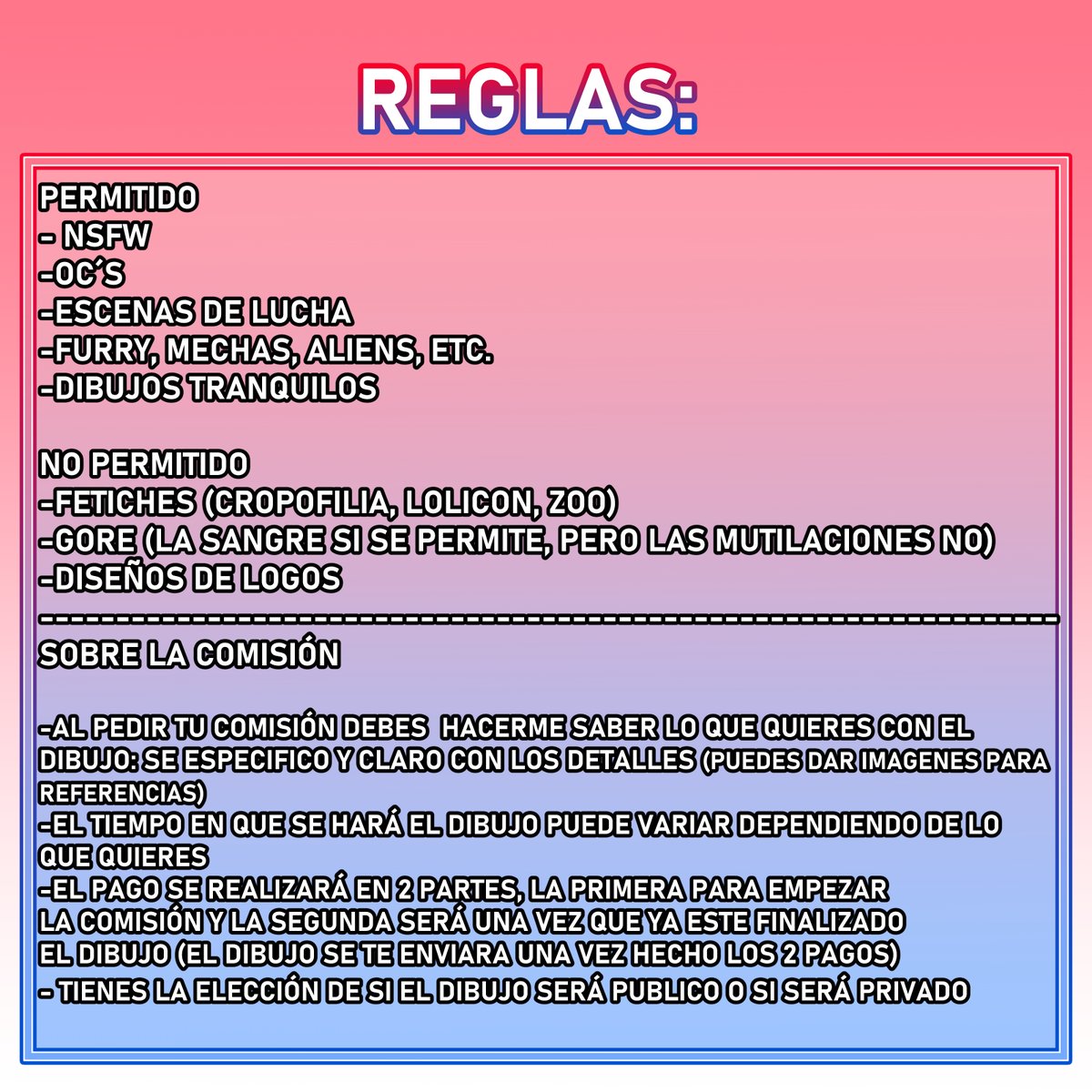 ¡COMISIONES ABIERTAS! 
Ahora si la actualización de los precios de mi tabla 
el pago será Por medio de transferencias, ya sea directamente o por medio de PayPal: paypal.com/paypalme/PXLR2…
Para solicitar una comisión envien mensaje privado ^^