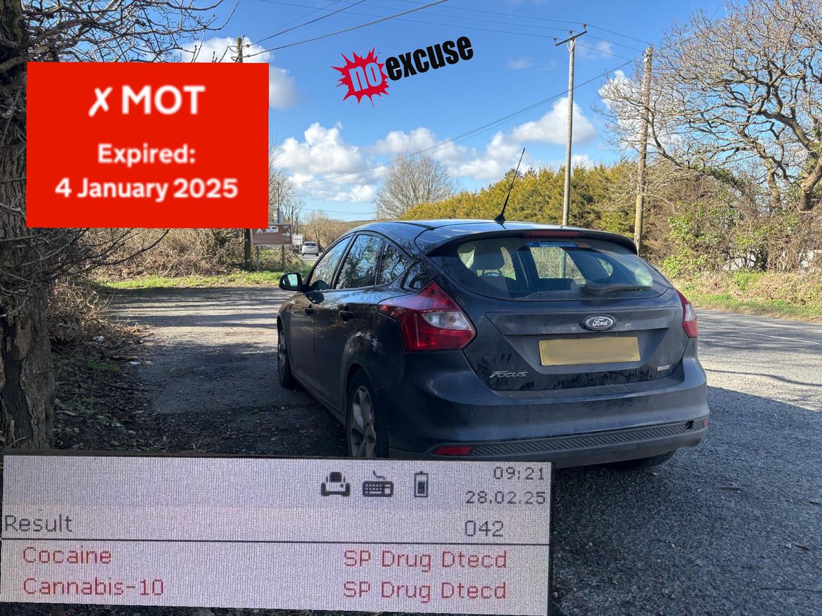 #Newquay - stopped this Focus yesterday due to an expired MOT - a roadside drugs test was failed showing positive for cannabis and cocaine - driver arrested and blood taken for analysis #NoExcuse #Fatal5