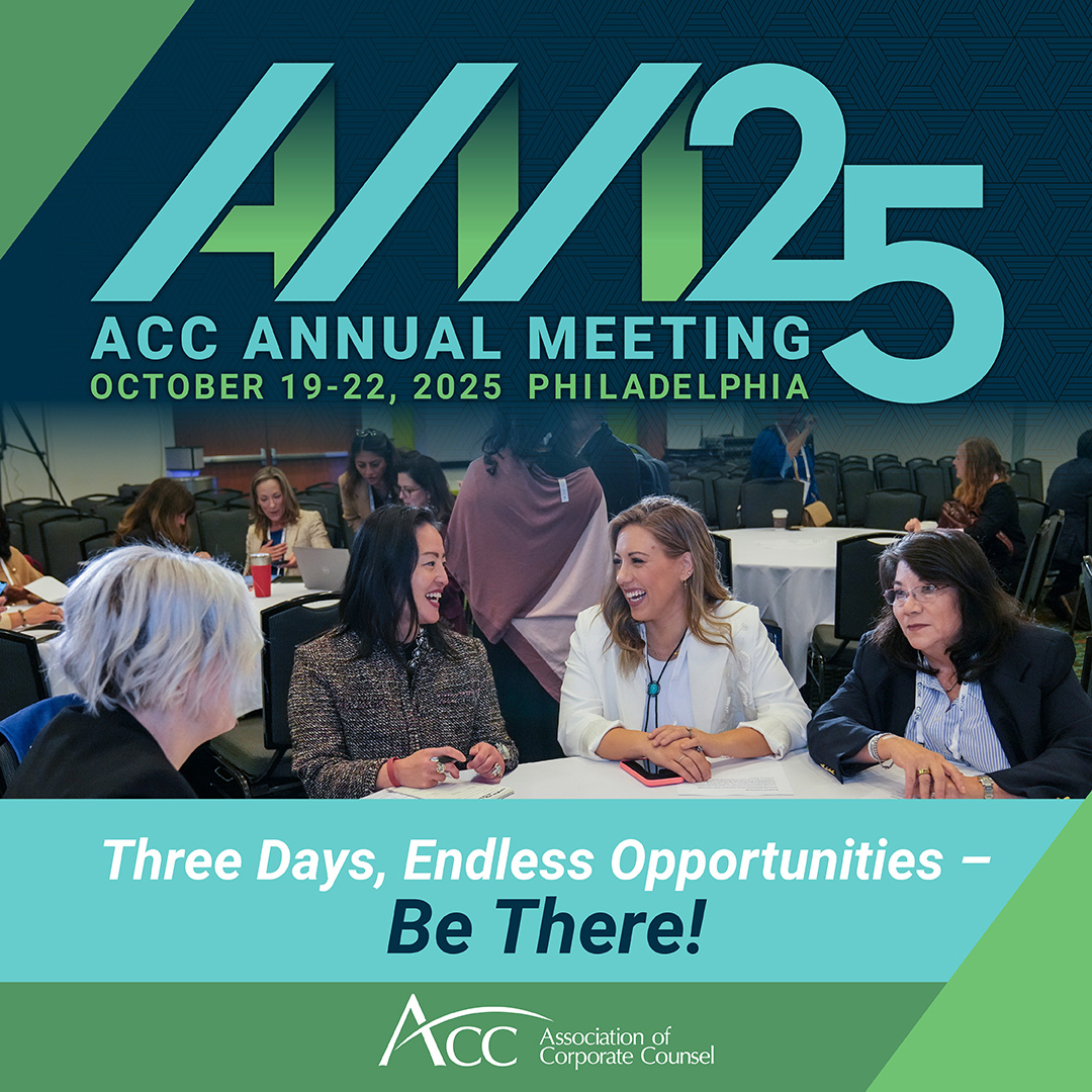 Teamwork Makes the Dream Work 🙌

Elevate your entire legal team by attending the 2025 ACC Annual Meeting together and take advantage of group discounts.

Learn more: acc.com/annualmeeting?…

#ACCAM25 #InHouseCounsel #CorporateCounsel