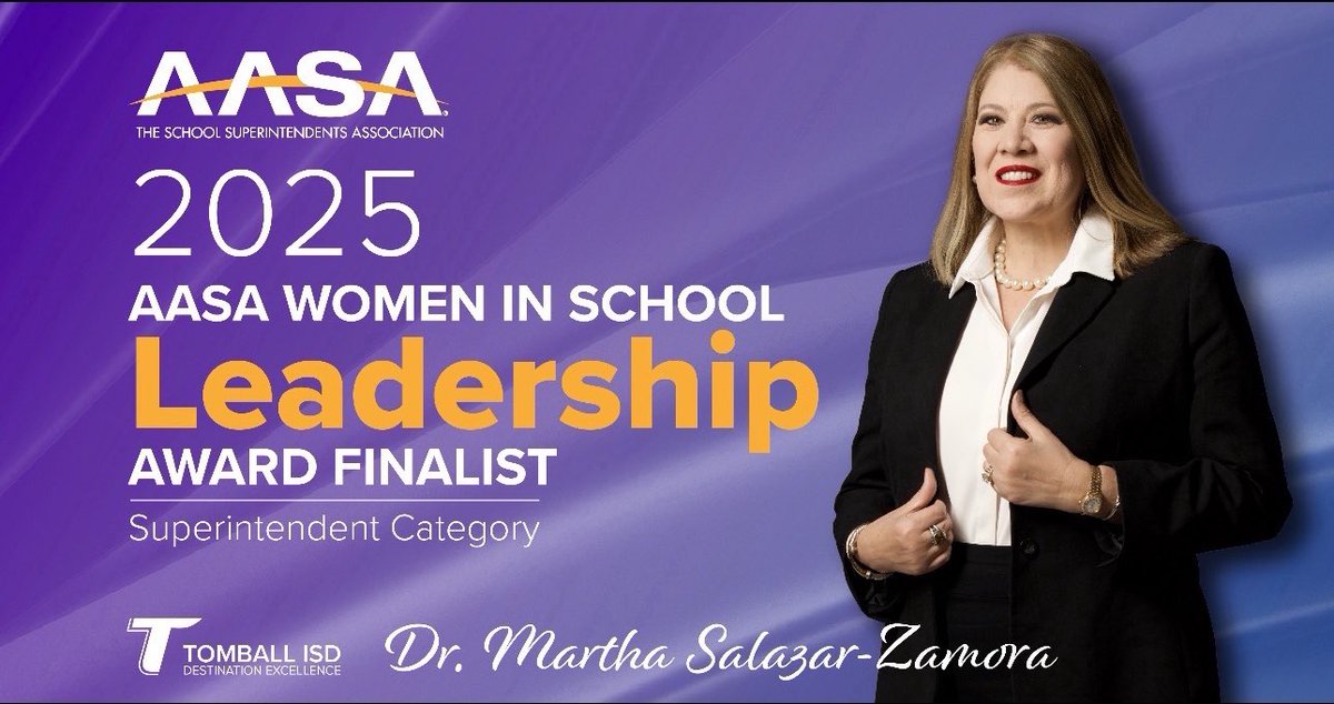 This month I’m honored to represent the state of Texas &amp; <a href="/TomballISD/">Tomball ISD</a> as a national finalist for the prestigious <a href="/AASAHQ/">AASA</a> Woman in School Leadership-Superintendent Category 2025.  Thanks to the Tomball school board, staff &amp; community for your support. I’m blessed to serve you all!!
