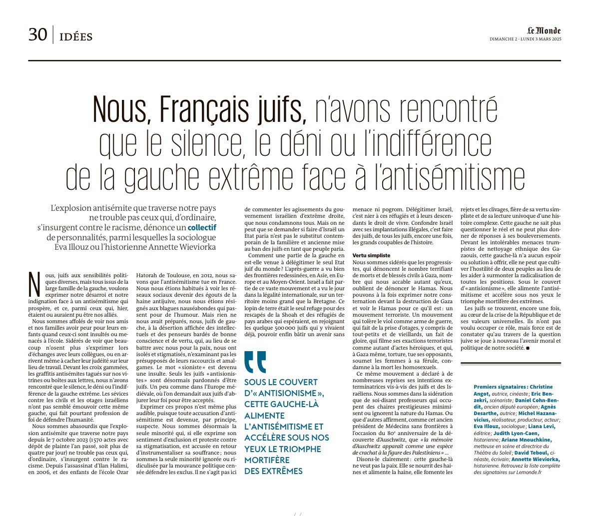 « Nous, Français juifs, n’avons rencontré que le silence, le déni ou l’indifférence de la gauche extrême face à l’antisémitisme »
Une tribune signée par Eva Illouz, Annette Wieviorka et une cinquantaine de personnalités.