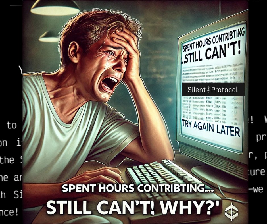 ramoscarlos1985's tweet image. @silentdao_ &quot;Spent hours trying to contribute… Still stuck. Is this a secret test of patience?! 😭😂 #BlockchainStruggles #LetMeIn&quot;