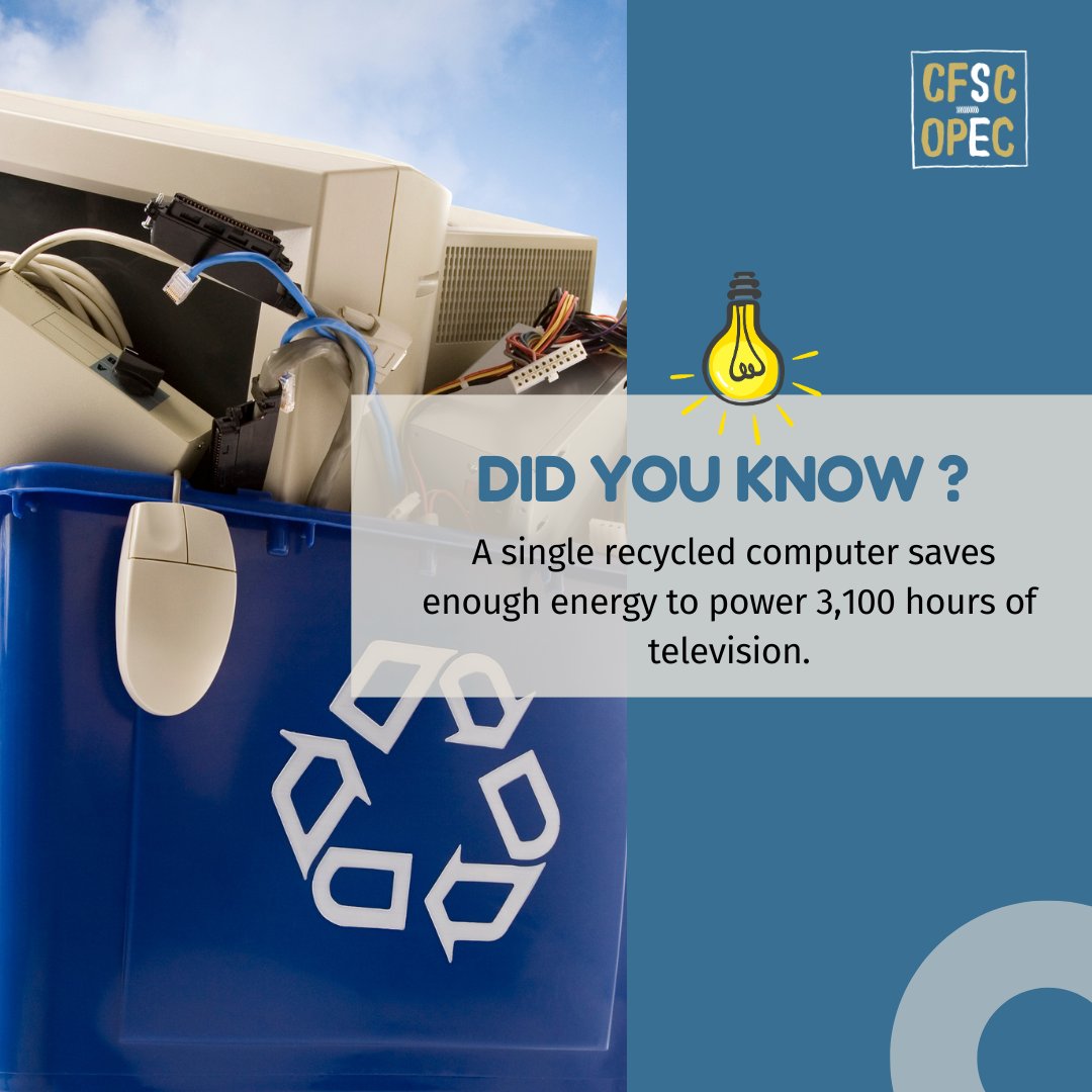 Through Computers for Schools Plus (CFS+) _ a Government of Canada program_ 13 Affiliates across Canada coordinate the collection, refurbishment, and redistribution of your electronic devices.

Learn how to contribute at cfsc-opec.org.

#ResponsibleRecycling