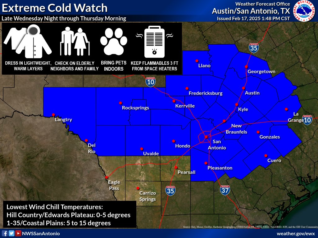 A Cold Weather Advisory/Extreme Cold Watch issued for much of south central Texas. Temperatures will drop quickly behind an arctic front late Tuesday to produce wind chills in the 6 to 20 degree range Tue PM-Wed AM. Extreme Cold Watch for wind chills 0 to 10 degrees Wed PM-Thu AM