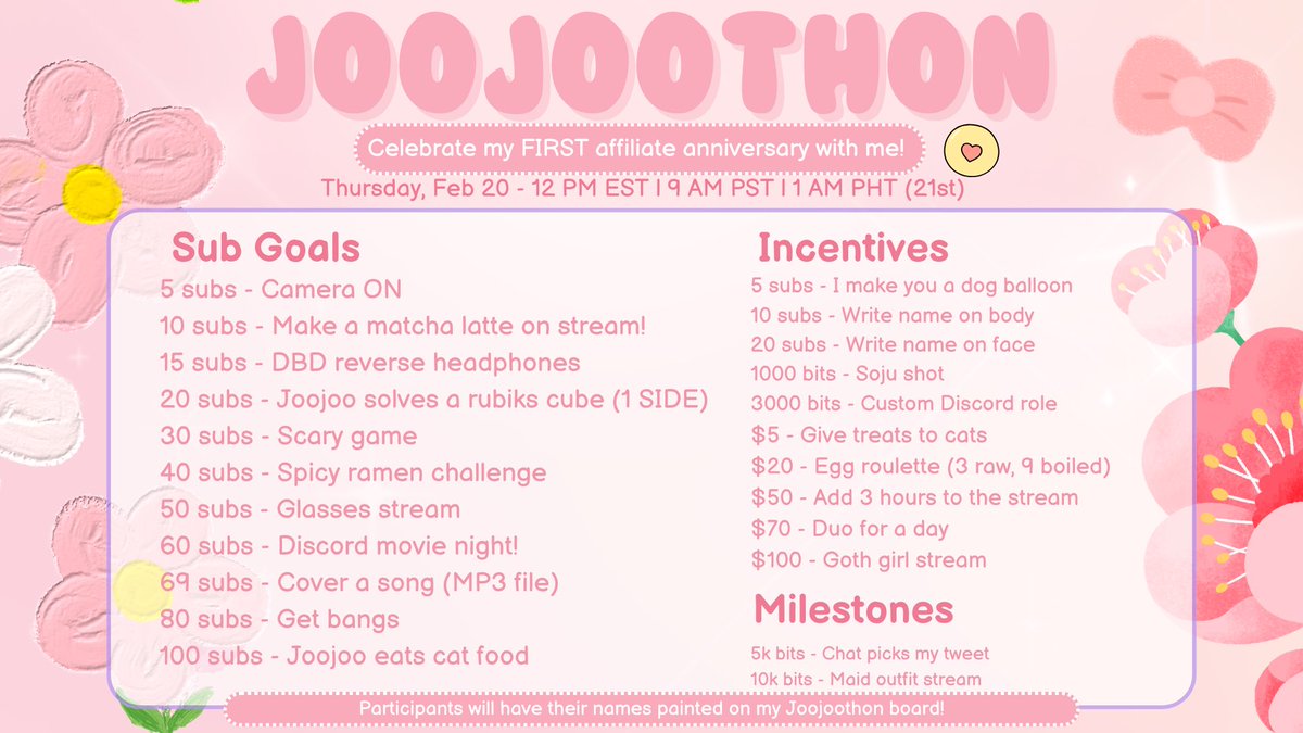 ripjoojoo's tweet photo. celebrating my first affiliate anniversary this Feb 20 with a joojoothon! it would mean a lot to me if you could drop by 🥺🫶🏻 https://t.co/kGlnuO3jCQ