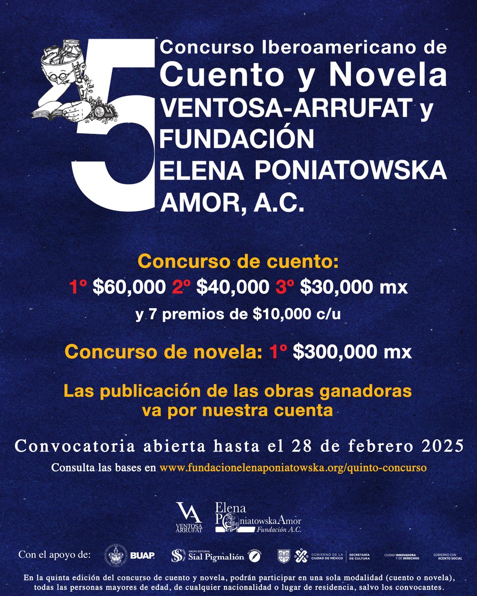 ¡Se acaba el tiempo!

El 28 de febrero se cierra la convocatoria del 5º Concurso Iberoamericano de Cuento y Novela Ventosa-Arrufat y Fundación #ElenaPoniatowska

No te quedes fuera, checa las bases y participa:
fundacionelenaponiatowska.org/quinto-concurso
#libros #literatura #cultura #iberoamerica