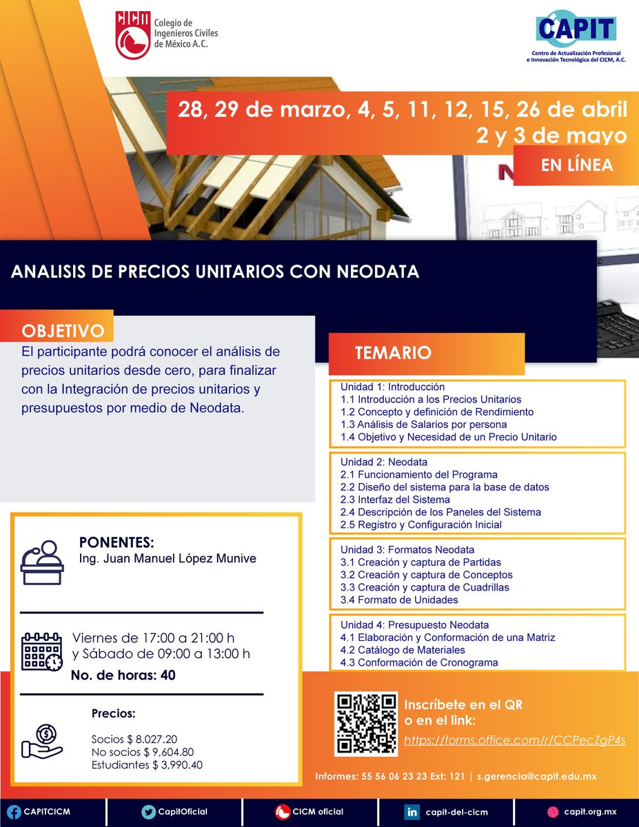 CapitOficial's tweet image. 📊 ¡Domina el Análisis de Precios Unitarios con Neodata! 🏗️

📅 Fechas: 28, 29 de marzo, 4, 5, 11, 12, 15, 26 de abril, 2 y 3 de mayo
 ¡Cupo limitado! Inscríbete ahora 👉 Enlace de inscripción

Más información: 📞 55 56 06 23 23 Ext. 121 o ✉️ s.gerencia@capit.edu.mx
#CICM #CAPIT