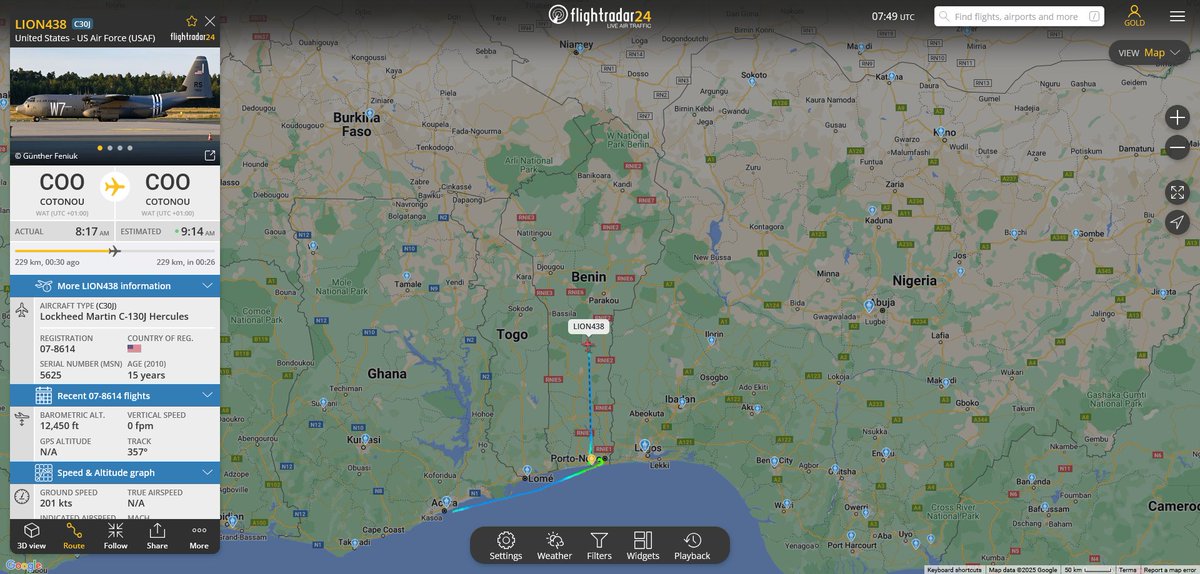 fabsenbln's tweet photo. #Benin🇧🇯 - A US🇺🇸 Air Force C-130J Hercules (reg. 07-8614 | #AE293B) was this morning at Tourou Airport (Parakou). Those flights are becoming more regular. US military contractors are based there and US Special Forces are stationed in Cotonou. #LION438 https://t.co/rhiLmMzQD9