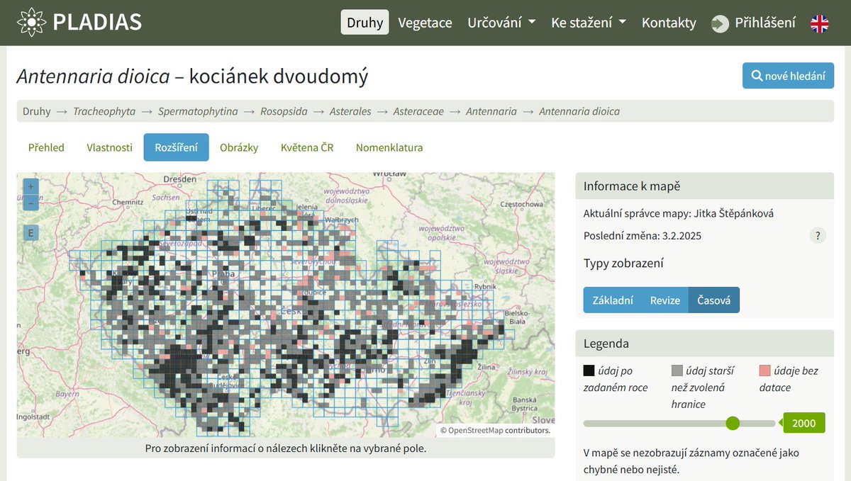 Na webových stránkách Pladiasu, Databáze české flóry a vegetace, přibyla nová funkce časové mapy, která umožňuje zobrazovat různými barvami starší a novější údaje. Časovou hranici si uživatel může libovolně nastavit pomocí jezdce. Tato mapa například ukazuje, jak málo lokalit z