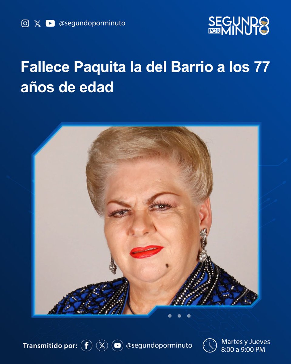 Fallece Paquita la del Barrio, intérprete de la popular canción #RataDeDosPatas, su muerte deja un hueco en el mundo de las rancheras, los boleros y la música popular mexicana.

Francisca Viveros Barrada, mejor conocida como Paquita la del Barrio, nació en el estado de Veracruz.