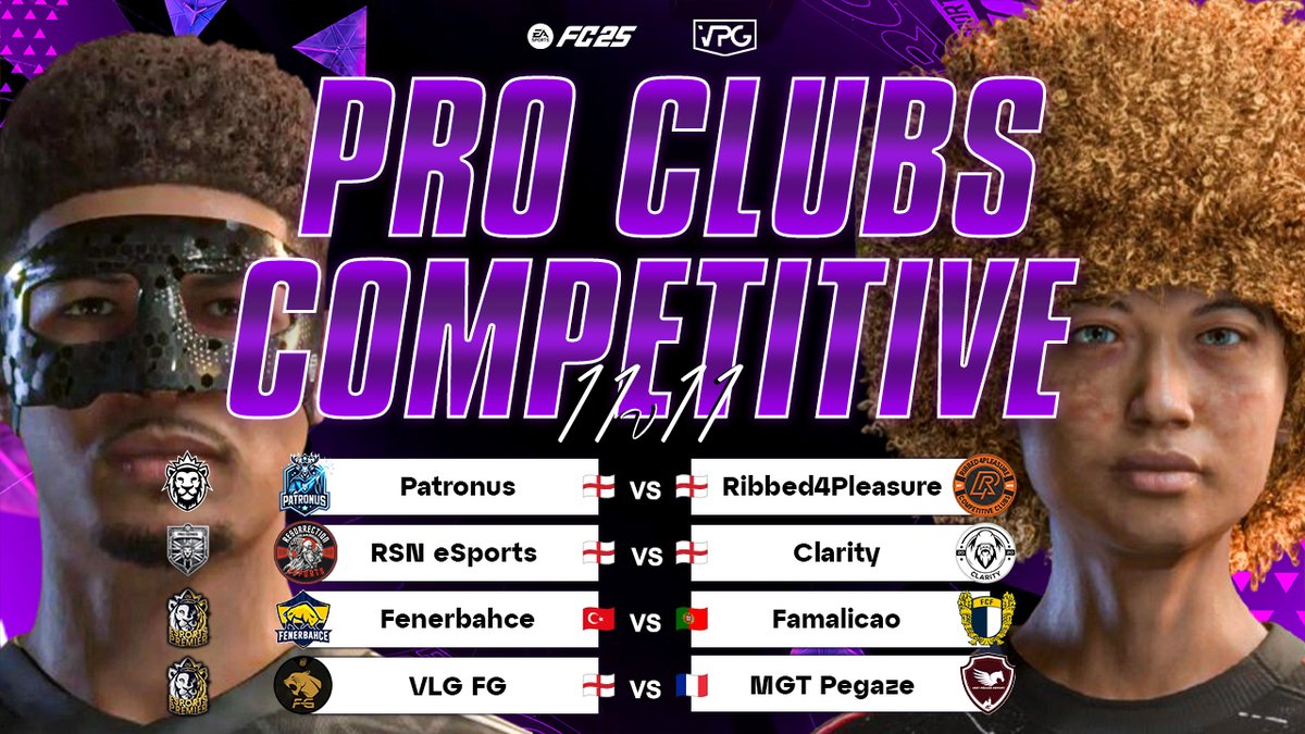 Virtual Pro Gaming (@officialvpg) on Twitter photo 🎥 Competitive 11v11 Clubs Matches!
⚽️ <a href="/EASPORTSFC/">EA SPORTS FC</a>
🏆 <a href="/VPGUK/">VPG UK Leagues</a> and <a href="/VPGPremier/">VPG Esports Premier</a>
📅 Monday 17th February!
🎙️ Presented by <a href="/proclubs_weekly/">Pro Clubs Weekly</a>
📺 Live on <a href="/YouTubeGaming/">YouTube Gaming</a> - youtube.com/virtualprogami…
🕗 8pm UK time!
<a href="/VPGPatronus/">Patronus</a> 🆚 <a href="/R4P11s/">R4P</a>
<a href="/RSNeSportsFC/">RSN eSports</a> 🆚 <a href="/ClarityFIFA/">Clarity</a>
<a href="/FBespor/">Fenerbahçe Espor</a> 🆚 🎥 Competitive 11v11 Clubs Matches!
⚽️ <a href="/EASPORTSFC/">EA SPORTS FC</a>
🏆 <a href="/VPGUK/">VPG UK Leagues</a> and <a href="/VPGPremier/">VPG Esports Premier</a>
📅 Monday 17th February!
🎙️ Presented by <a href="/proclubs_weekly/">Pro Clubs Weekly</a>
📺 Live on <a href="/YouTubeGaming/">YouTube Gaming</a> - youtube.com/virtualprogami…
🕗 8pm UK time!
<a href="/VPGPatronus/">Patronus</a> 🆚 <a href="/R4P11s/">R4P</a>
<a href="/RSNeSportsFC/">RSN eSports</a> 🆚 <a href="/ClarityFIFA/">Clarity</a>
<a href="/FBespor/">Fenerbahçe Espor</a> 🆚