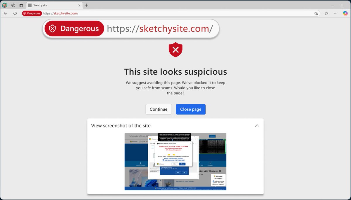 Well done to <a href="/Microsoft/">Microsoft</a> for implementing Scareware blockers on their Edge browser. This is a fantastic feature which detects those fake AV popups loved by scammers! Long overdue, but great to see this:
microsoft.com/en-us/edge/upd…