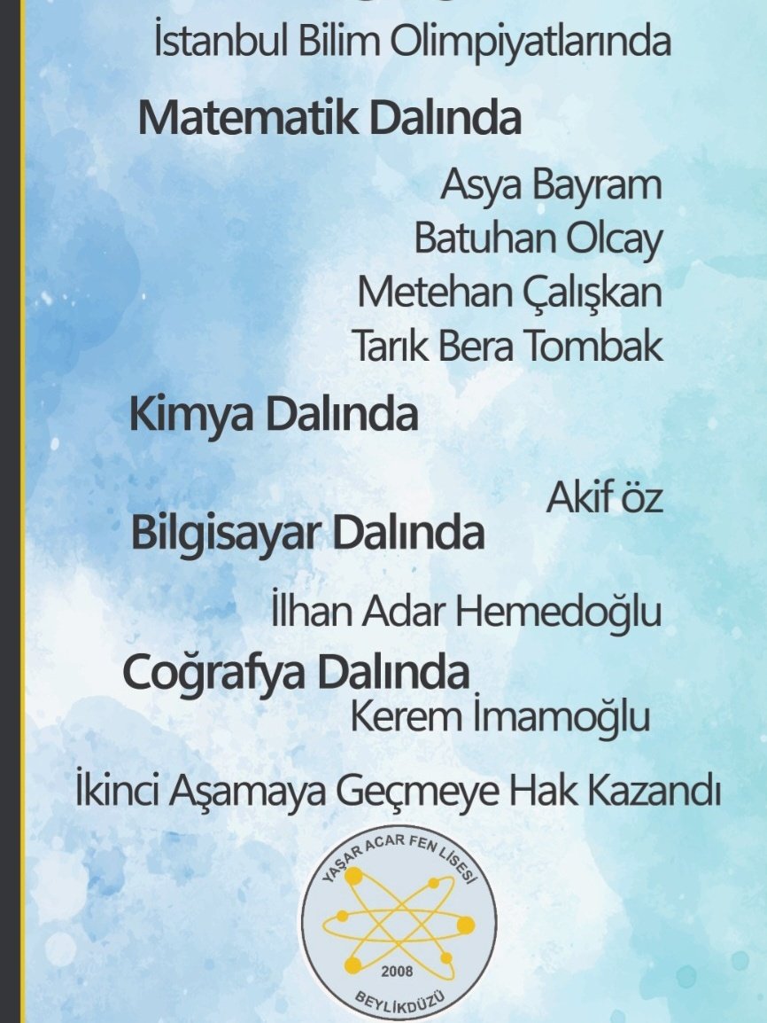 İstanbul Bilim Olimpiyati'nda ikinci aşamaya geçmeye hak kazanan öğrencilerimizi ve danışman öğretmenlerimizi tebrik ederiz.
