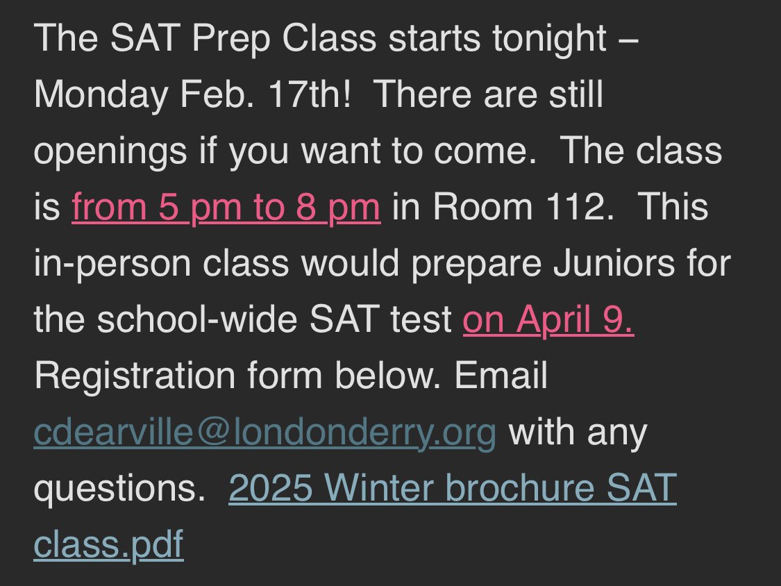 Londonderry High School (@londonderry_lhs) on Twitter photo Last call for SAT prep class. Last call for SAT prep class.