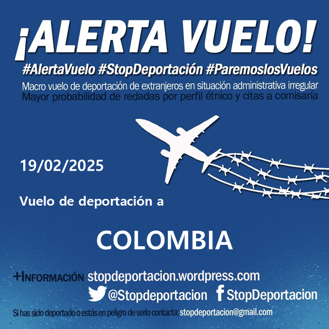 Stopdeportacion's tweet image. ✈️✈️|| #ALERTAVUELO || a primera hora de la mañana del miércoles 19/02/25 con destino #COLOMBIA  #VueloVerguenza  #StopDeportación +Info stopdeportacion.wordpress.com/2025/02/17/ale…