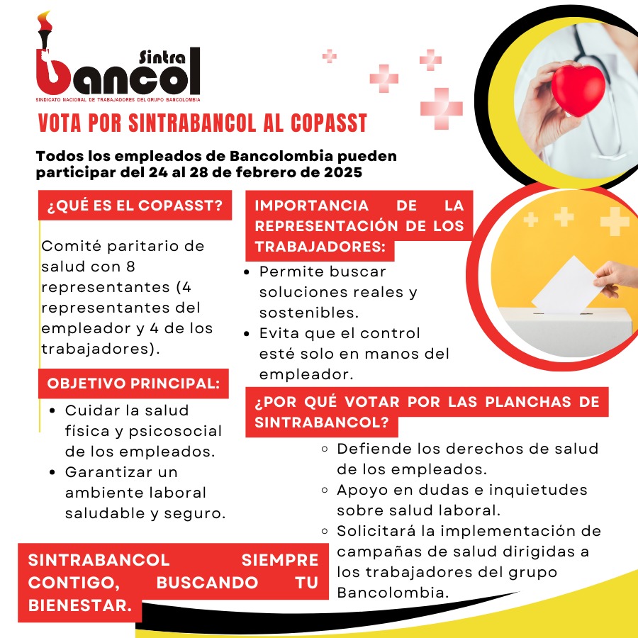 Sintrabancol_'s tweet image. 📢 Vota por las planchas de @Sintrabancol_ en las elecciones de COPASST y elige representantes que defiendan tus derechos. 💪⚖️

🗓️ Fecha: 24 al 28 de febrero de 2025

Juntos construimos un ambiente de trabajo más seguro.  ✊ #COPASST #Sintrabancol #SeguridadLaboral