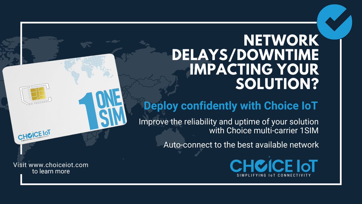 Are network delays impacting your solution?
Deploy confidently with <a href="/ChoiceIoT/">Choice IoT</a>'s 1SIM.
Auto-connects to the best available network avoiding downtime.
Visit hubs.ly/Q036-q5D0 to learn more.
#tmobile #verizon #att #4G #LTE #5G #multicarriersim #iotsim #choiceiot