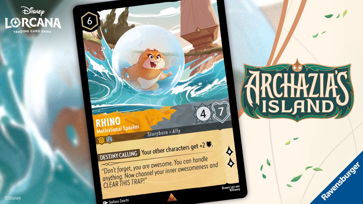 DisneyLorcana's tweet image. This Rhino glimmer makes anyone feel like a hero with his motivational speeches. Rolling into play, he’ll boost the morale and willpower of your entire team! disneylorcana.com #Disney #DisneyLorcana #ArchaziasIsland