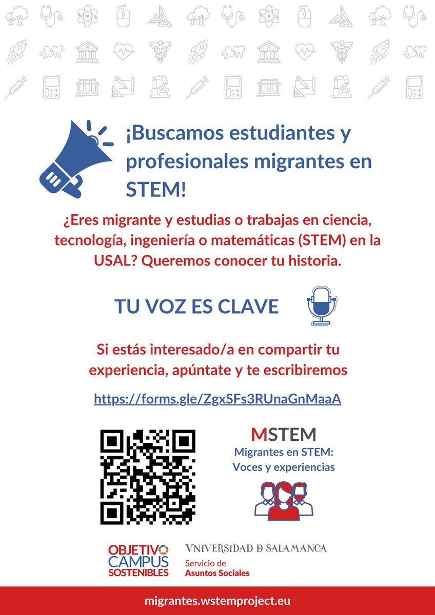 Alicia García-Holgado (@aliciagh_) on Twitter photo ¿Eres migrante y estudias o trabajas en ciencia, tecnología, ingeniería o matemáticas (STEM) en la <a href="/usal/">Universidad de Salamanca</a>? Queremos conocer tu historia.
¿Te gustaría participar en una entrevista?
forms.gle/ZgxSFs3RUnaGnM…
+info: migrantes.wstemproject.eu y sas.usal.es/mstem/ <a href="/sas_usal/">Servicio de Asuntos Sociales USAL</a> ¿Eres migrante y estudias o trabajas en ciencia, tecnología, ingeniería o matemáticas (STEM) en la <a href="/usal/">Universidad de Salamanca</a>? Queremos conocer tu historia.
¿Te gustaría participar en una entrevista?
forms.gle/ZgxSFs3RUnaGnM…
+info: migrantes.wstemproject.eu y sas.usal.es/mstem/ <a href="/sas_usal/">Servicio de Asuntos Sociales USAL</a>