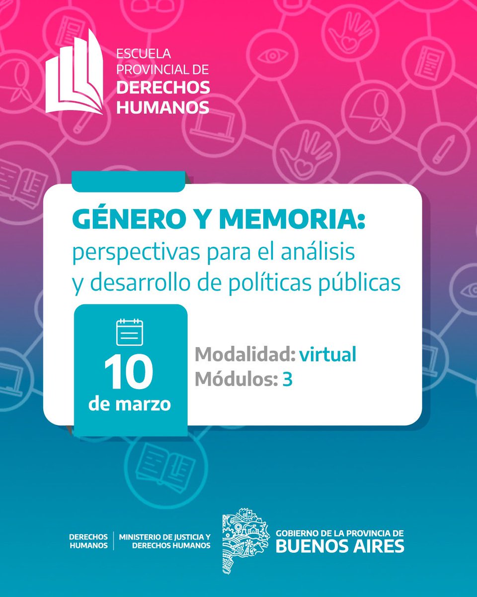 En 2025, ¡vuelven los cursos de formación para las y los bonaerenses! 📚

🧑‍💻 Ya está abierta la inscripción a los cursos virtuales “Introducción a los Derechos Humanos”, “Los caminos de la Memoria y la Justicia” y “Género y Memoria”.

Links de inscripción 👇