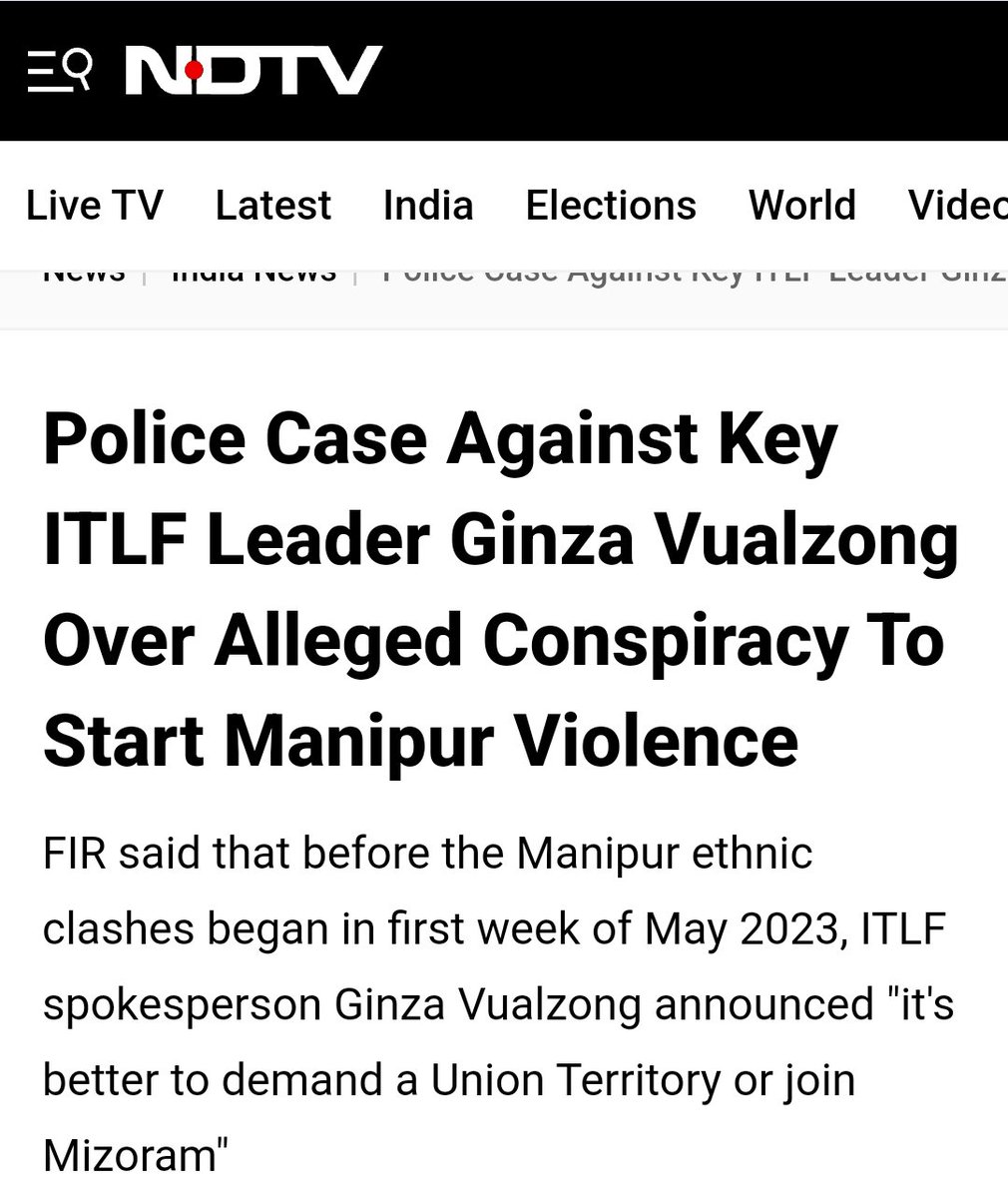 <a href="/ndtv/">NDTV</a> A prime example of this is Ginza Vualzong, the head of ITLF (the main perpetrators of Manipur violence), making a facebook post before May 3rd, 2023, where he said they wanted separate administration.

Ginza <a href="/vualzong/">Ginza Vualzong</a> was seen on May 3rd burning the town of Torbung which was the