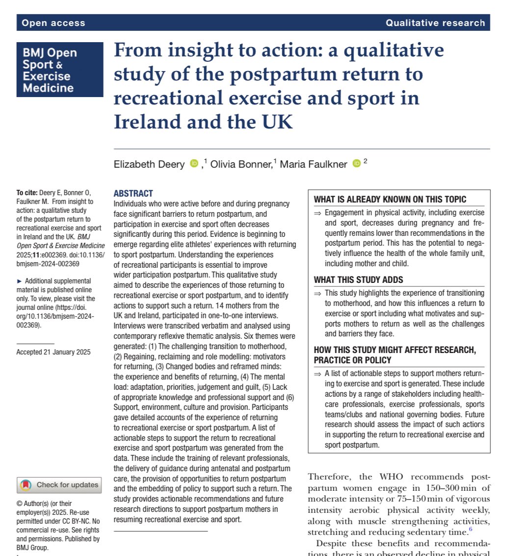 School of Sport & Exercise Science (@ulsterschsport) on Twitter photo 🚨 NEW PUBLICATION 🚨
Congratulations Dr <a href="/Lizzy_Deery/">Dr Lizzy Deery</a> & collaborators on this recent publication in <a href="/BMJOpenSEM/">BMJ Open Sport & Exercise Medicine</a> 👏
This study examined #postpartum return to exercise & sport in Ireland & the UK; with actionable recommendations & future directions.
👉 bmjopensem.bmj.com/content/11/1/e… 🚨 NEW PUBLICATION 🚨
Congratulations Dr <a href="/Lizzy_Deery/">Dr Lizzy Deery</a> & collaborators on this recent publication in <a href="/BMJOpenSEM/">BMJ Open Sport & Exercise Medicine</a> 👏
This study examined #postpartum return to exercise & sport in Ireland & the UK; with actionable recommendations & future directions.
👉 bmjopensem.bmj.com/content/11/1/e…