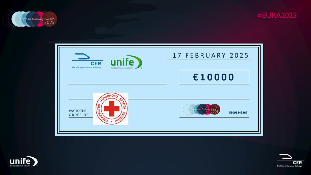 On behalf of all our🚉Award recipients, we are delighted to announce that this evening's donation will go <a href="/RedCrossUkraine/">Ukrainian Red Cross</a>💛💙!

Our continued solidarity with the ongoing struggle faced by the #Ukrainian people and our railway colleagues on the ground.

🇪🇺🇺🇦 #EURA2025