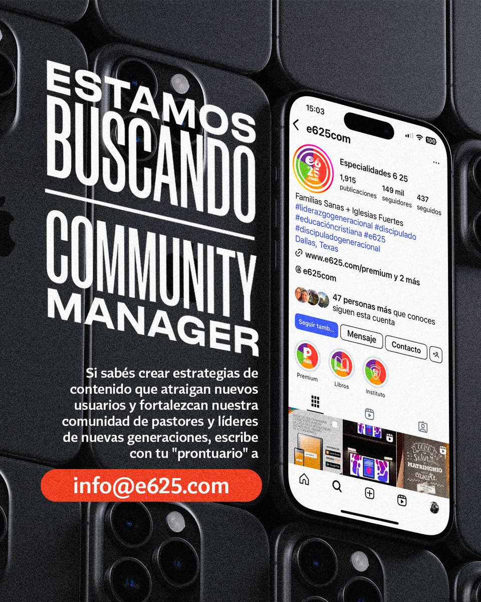 e625com's tweet image. Si trabajas con redes sociales y sabes cómo hacer crecer la llegada y el engagement de una cuenta y tienes un buen testimonio en una iglesia cristiana…¡quizás esta sea tu oportunidad!
Escríbenos con tu currículo y referencia de cuentas a info@e625.com ⬅⏰💥