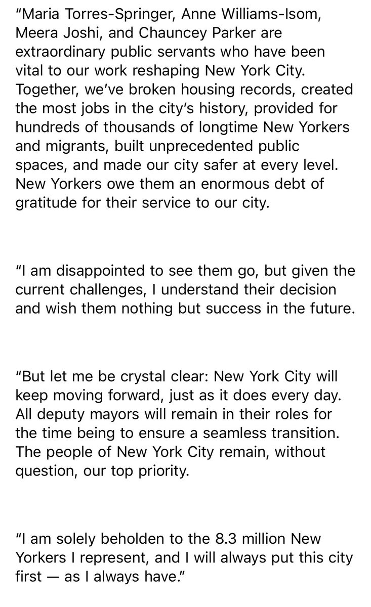 courtneycgross's tweet image. .@NYCMayor just lost four deputy mayors - Maria Torres-Springer, Anne Williams-Isom, Meera Joshi, and Chauncey Parker all resigned. A stunning development. Statement from @NYCMayor below.