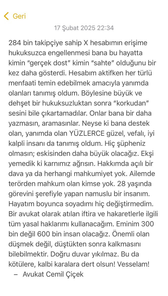 Bu açıklamamı elden ele hakkımda iftira kampanyası düzenleyenlere iletebilirseniz sevinirim.

Hesabım kapandığından beri bana destek olan hepinize sonsuz minnet ve teşekkürle!🙏🏻
