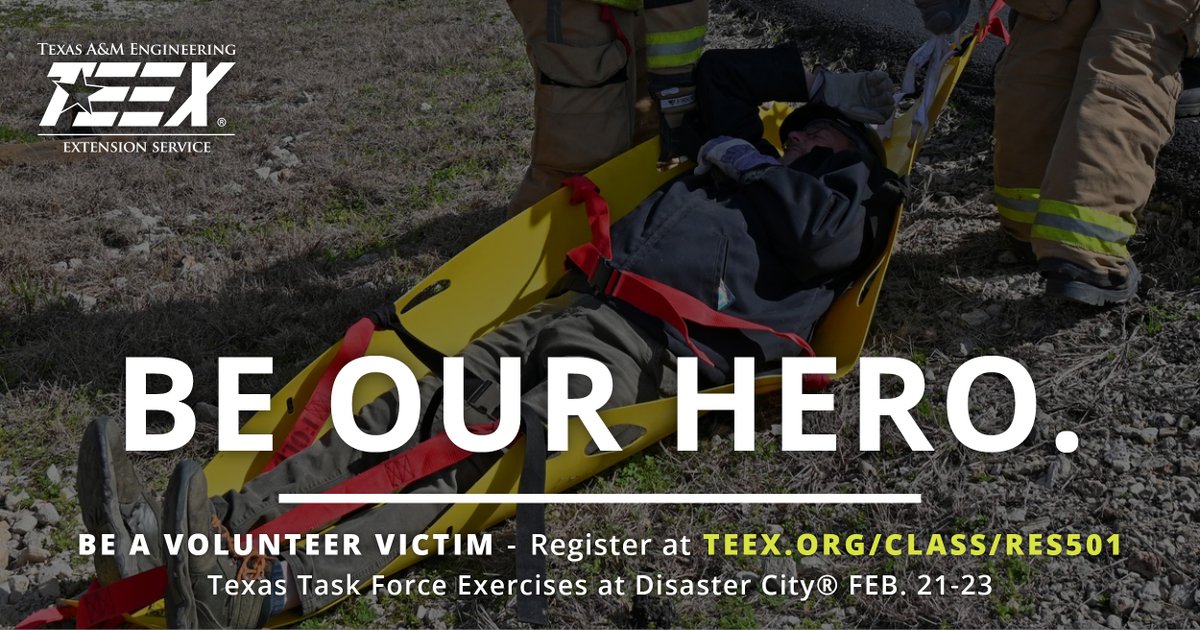 TEEXfire's tweet image. Be our hero and volunteer as a victim at the upcoming Texas Task Force Exercise. Your participation makes this training the most realistic for our Texas Task Force team members, so THANK YOU!
Texas A&M Task Force Exercises | FEB 21-23
Register for morning or afternoon shifts.