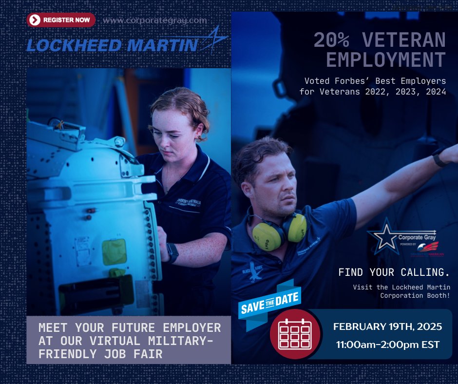 Lockheed Martin technologies protect and enable military service members as they protect our nation. They value veterans and reservists as critical members of the workforce. 2,103 JOBS POSTED

Register for our Military-Friendly Virtual Job Fair Event NOW! lnkd.in/dWF_6sAU