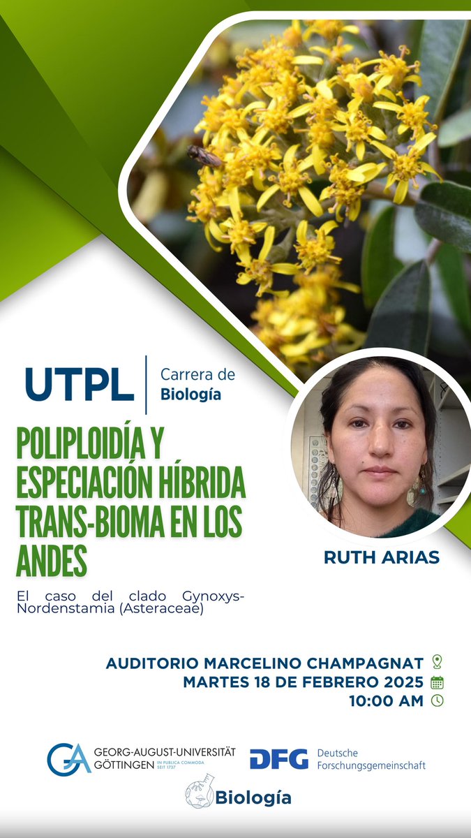¡Atención amantes de la ciencia! 🔬✨ La carrera de Biología te invita a una charla imperdible. Ven y descubre más sobre: Poliploidía y especiación híbrida trans-bioma en los Andes
¡No te lo pierdas! 
📍Auditorio Marcelino C. 
📅 18/02/2025 ⏰ 10:00 am
#CienciaEnAcción #Biología