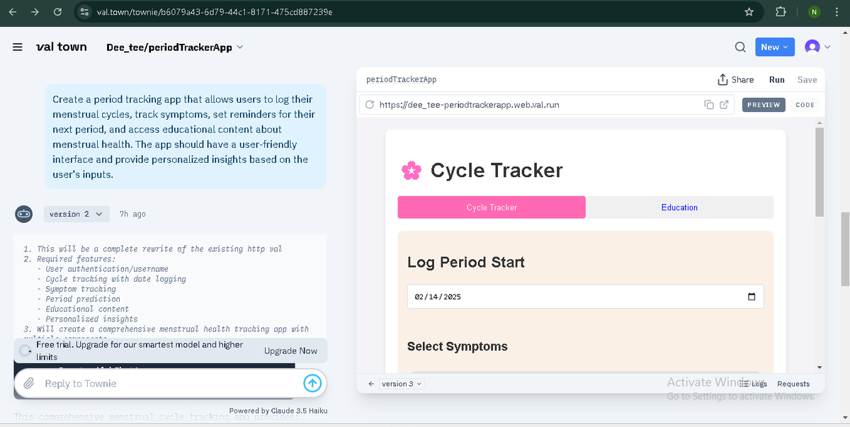 AbokumahAnnobil's tweet photo. Proud to share my new period tracker made with Townie AI designed to help manage menstrual health effortlessly!
#PeriodTracker #HealthApp #TownieAI #ALX_AiSK
A preview of the tracker is shown here:
Kindly click the link below to view and explore the app.
https://t.co/4wPWXeIq6Y https://t.co/vboXaX7KaP