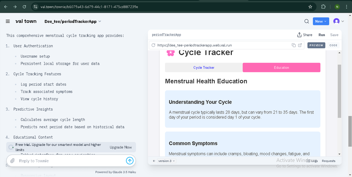 AbokumahAnnobil's tweet photo. Proud to share my new period tracker made with Townie AI designed to help manage menstrual health effortlessly!
#PeriodTracker #HealthApp #TownieAI #ALX_AiSK
A preview of the tracker is shown here:
Kindly click the link below to view and explore the app.
https://t.co/4wPWXeIq6Y https://t.co/vboXaX7KaP