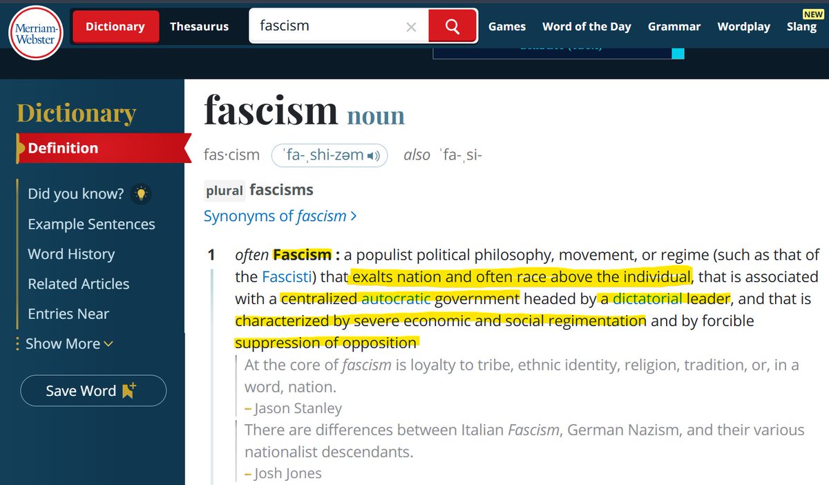 Ask yourself these questions.

Does the government:
1) Exalt nationalistic identity/pride above all?
2) Operate or desire the absolute authority of a single ruler?
3) Promise or enforce radical upheaval of social and economic norms?
4) Violently suppress it's opposition?

#Trump